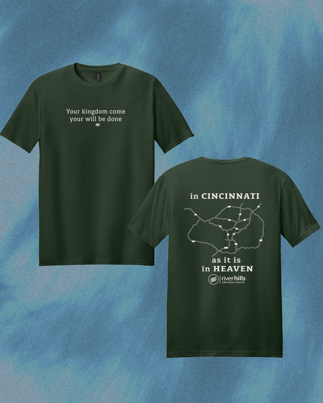 Forest green t-shirt with the same verse on the front and Cincinnati map graphic on the back.