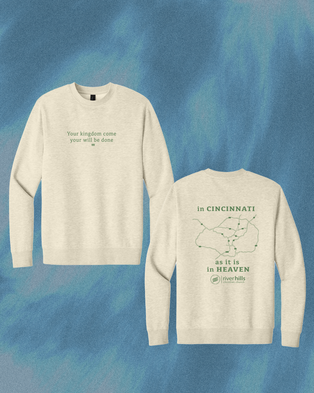 Cream heather crewneck sweatshirt with the same verse on the front and Cincinnati map graphic on the back.